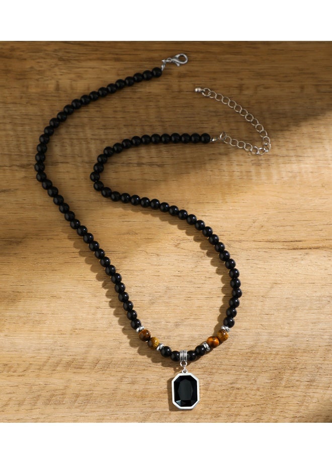 Happy D Black Beaded Chain Necklace with Safety Clasp, Men's Hip-Hop Niche High-End Minimalist Personalized Collarbone Chain Accessory - Image 4